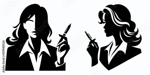 Business woman holding pen. Corporate Finance Cartoon Minimal Clipart Line Art Vector Illustration. Female professional with writing tool executive jotting note career.