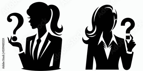 Business woman holding question mark. Corporate Finance Cartoon Minimal Clipart Line Art Vector Illustration. Female professional with symbol of doubt executive person seeking solution.