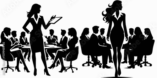 Business woman leading meeting. Corporate Finance Cartoon Minimal Clipart Line Art Vector Illustration. Female executive guiding conference directing team chief at discussion.