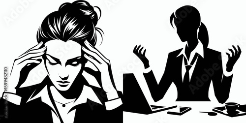 Business woman managing stress. Corporate Finance Cartoon Minimal Clipart Line Art Vector Illustration. Female leader tackles workplace pressure boosts well-being and achieves calm.