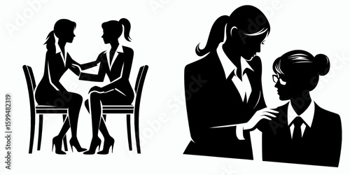 Business woman mentoring intern. Corporate Finance Cartoon Minimal Clipart Line Art Vector Illustration. Female executive guiding learner career advice from leader to trainee.