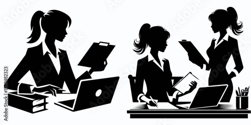 Business woman managing project. Corporate Finance Cartoon Minimal Clipart Line Art Vector Illustration. Female professional oversight venture administration task.