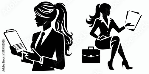 Business woman presenting report. Corporate Finance Cartoon Minimal Clipart Line Art Vector Illustration. Female entrepreneur offering data analysis job function at a conference.