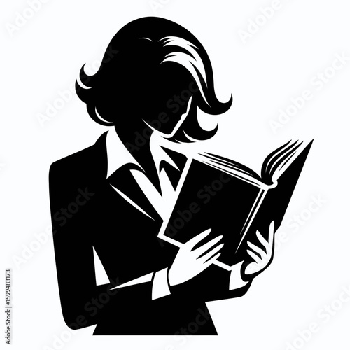 Business woman reading agenda. Corporate Finance Cartoon Minimal Clipart Line Art Vector Illustration. Female professional examining plan making arrangement for job task at work.