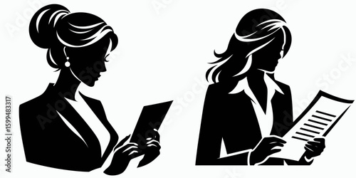 Business woman reading contract. Corporate Finance Cartoon Minimal Clipart Line Art Vector Illustration. Female executive studying arrangement legal paperwork or official document.