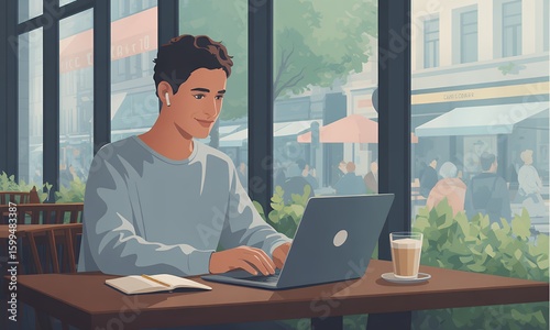 Young man working on laptop in cafe digital illustration
