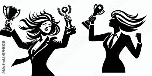 Business woman winning award. Corporate Finance Cartoon Minimal Clipart Line Art Vector Illustration. Female entrepreneur obtains honor professional achievement recognition.
