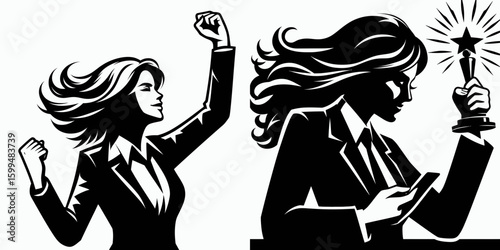 Business woman winning deal. Corporate Finance Cartoon Minimal Clipart Line Art Vector Illustration. Female entrepreneur achieves accord a triumphant moment in commerce world.