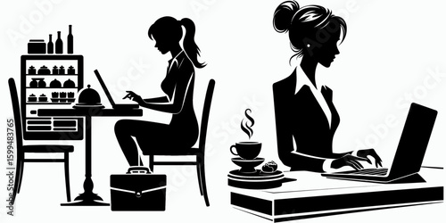 Business woman working cafeteria. Corporate Finance Cartoon Minimal Clipart Line Art Vector Illustration. Female professional at task workplace eatery occupied with project.