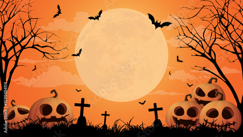 Halloween night background with full moon, silhouette dead trees, graveyard, bats, and pumpkins graphic illustration have blank space.