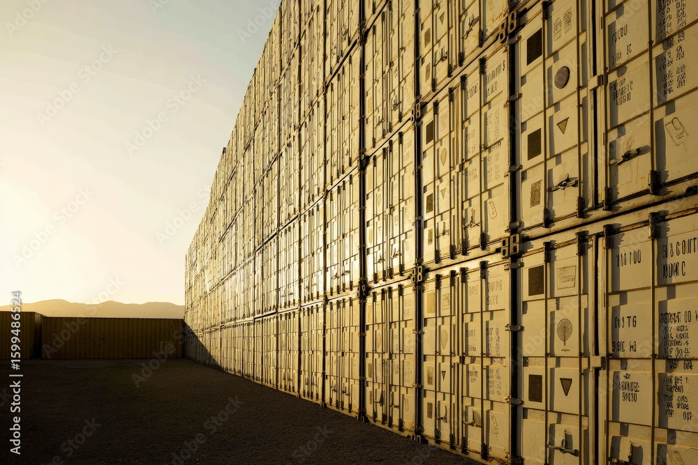 Obraz premium Shipping containers stacked in a sunlit port, symbolizing global trade, logistics solutions, and efficient cargo transportation services worldwide.