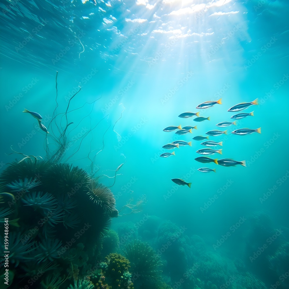 Fototapeta premium The image, whether a painting or photograph, captures the beauty and mystery of this underwater scene.