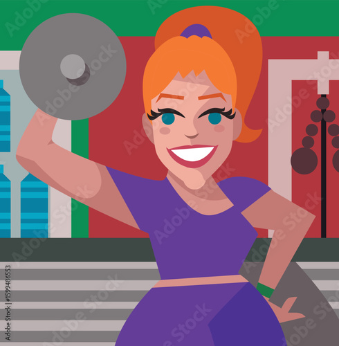 blonde girl training in gym with dumbbell