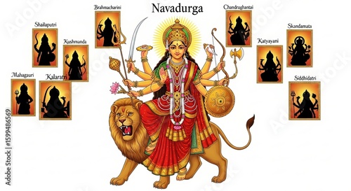 Illustration of Navadurga with Nine Forms Represented in a Traditional Style, Generative ai
