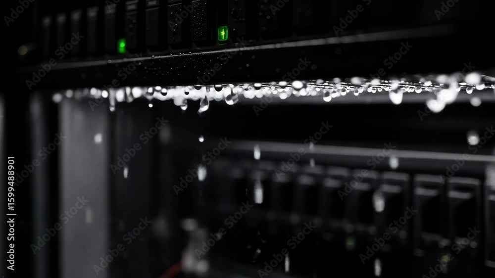 Server Rack Submerged Water dripping from server rack; data center damage, system failure, IT ...