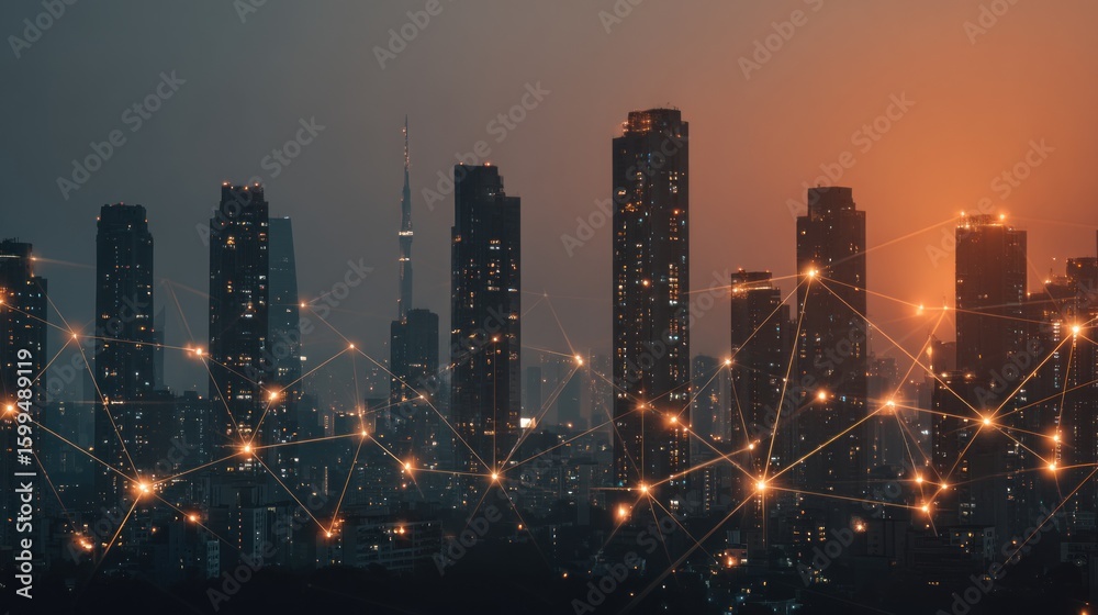 Obraz premium Illuminated city skyline with interconnected network lines.
