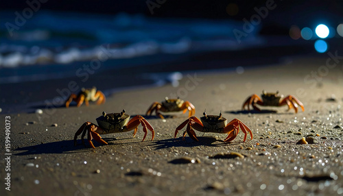 Group of Crabs on Wet Sand Beach at Night with Cinematic Lighting