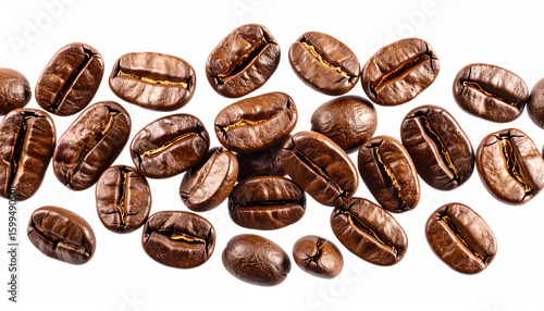 Macro Closeup of Roasted Coffee Beans with Rich Texture on White Background