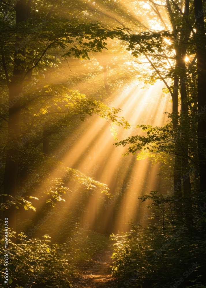 Fototapeta premium Golden Sunlight Beams through Misty Forest
