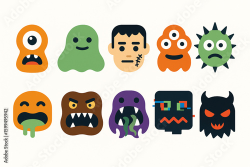 Set of flat design monster faces Halloween vector icons