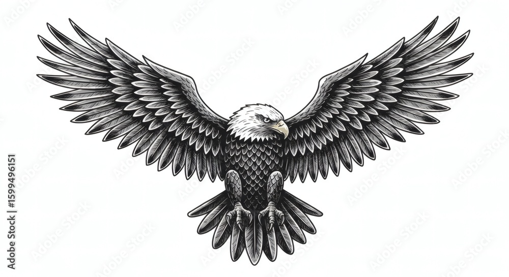 Obraz premium Detailed Black and Gray Tattoo Design of Soaring Eagle – Symmetrical Vintage Engraving Style with Intricate Feathers and Sharp Eyes, Isolated on White Background for Tattoo or Print Use