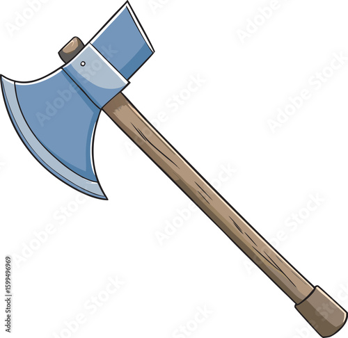 A cartoon illustration of a medieval-style axe with a sharp metal blade and a wooden handle, isolated on a white background.