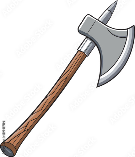 Medieval battle axe with wooden handle isolated on white background