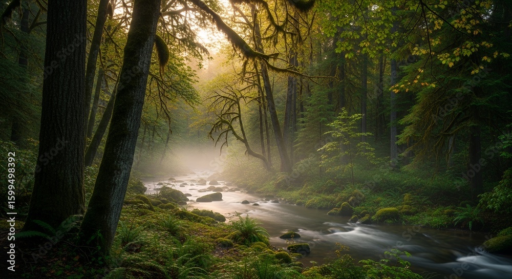 Obraz premium Misty Forest River at Sunrise