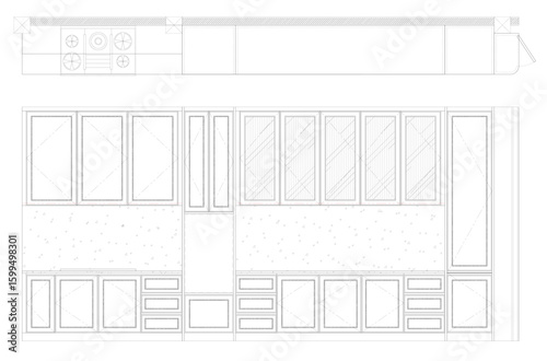 Kitchen Interior Drawing Vector – Counter Front, Wall Cabinets, Fridge and Microwave Space with Plan and Elevation Views