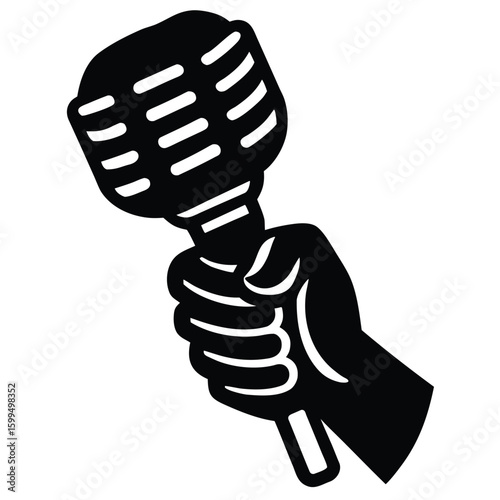Black microphone held by hand holding white