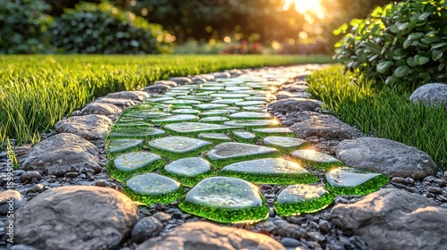 Wallpaper Mural Serene Garden Path: A Tranquil Green Glass Stone Walkway at Sunset Torontodigital.ca