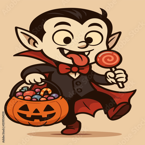 Cheeky vampire kid licking a lollipop, balancing on one leg with a big candy bucket.