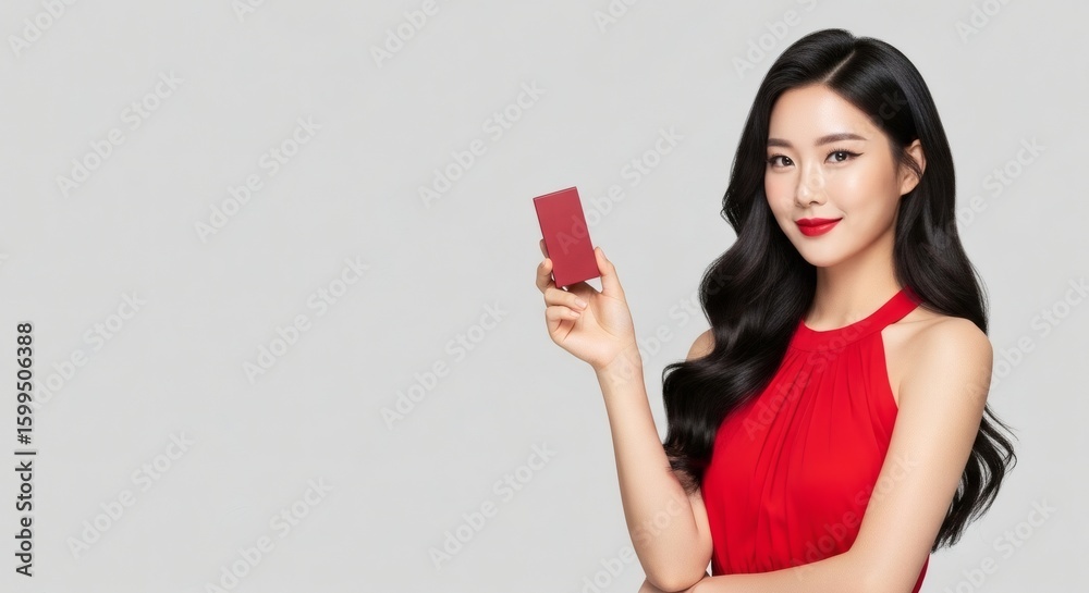 A stylish woman with dark hair holds a red card, smiling against a neutral background. A stylish woman with dark hair holds a red card, smiling against a neutral background.