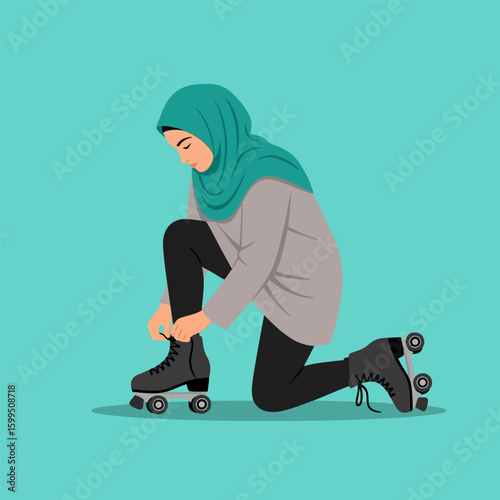 Woman Tying Black Roller Skate Laces Wearing Teal Hijab on Light Blue Background