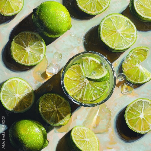 Wallpaper Mural Refreshing Lime Summer Drink, a vibrant still life painting of limes and a glass of limeade, capturing the essence of summer and thirst-quenching refreshment. Torontodigital.ca