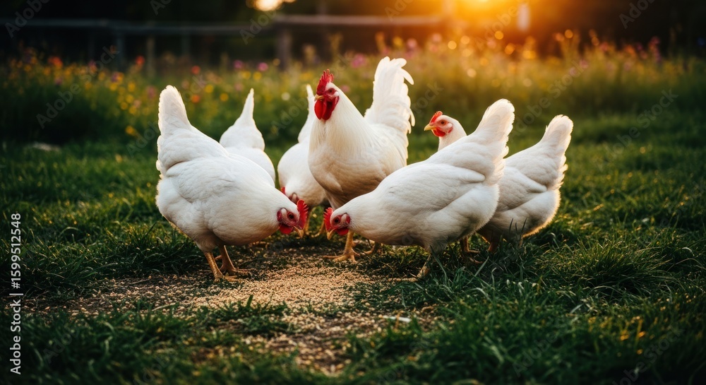 Fototapeta premium White hens and rooster feeding in a meadow at sunset