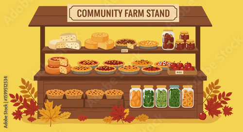 Flat vector of a community farm stand with homemade goods like cheese, pies, and pickles, with fall leaves scattered around