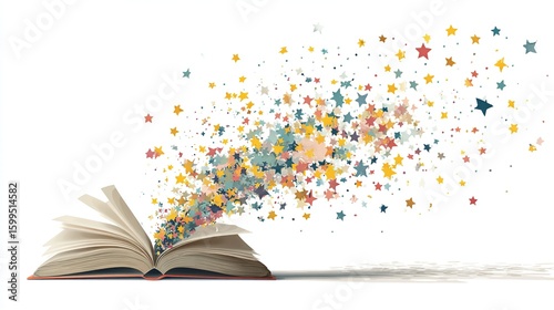 An open book emits a vibrant stream of multicolored stars, suggesting imagination, wonder, and the magic of storytelling.  The book rests on a white surface, casting a subtle shadow