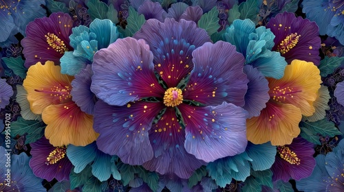Vibrant Purple Blue Yellow Hibiscus Flower Bouquet Closeup