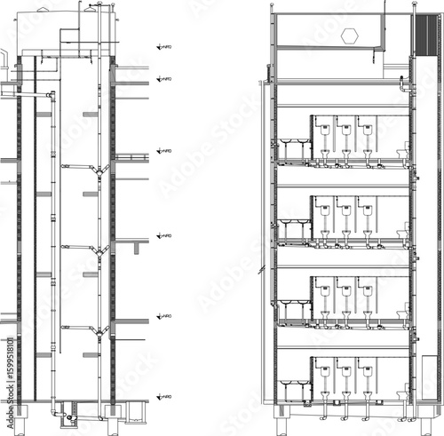 vector sketch illustration silhouette drawing architectural engineering design details construction workflow of water disposal sanitation in multi-storey buildings
