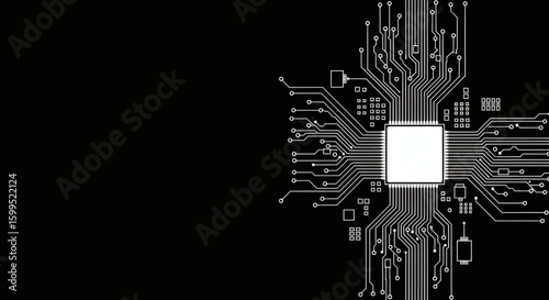 Abstract illustration of a computer chip with intricate circuit patterns against a dark background, symbolizing technology and connectivity.
