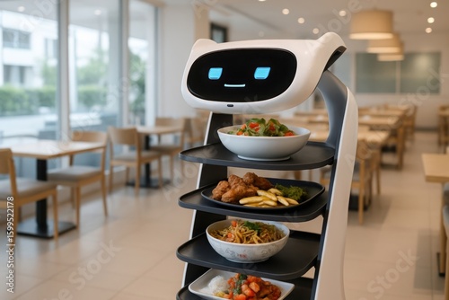 Robot waiter delivering food in a modern restaurant setting