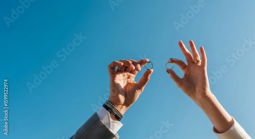 Two hands, one wearing a suit jacket, hold wedding rings up against a clear blue sky, symbolizing commitment and union.