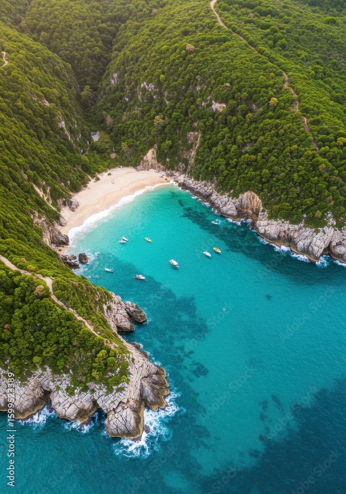 Fototapeta premium Secluded Cove Beach Aerial View Turquoise Water