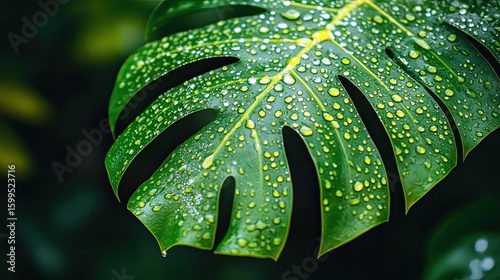 Wallpaper Mural Monstera leaf with raindrops on surface, symbolizing freshness and nature Torontodigital.ca