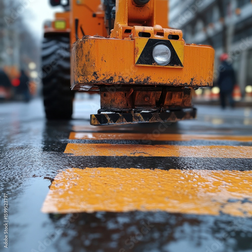 Yellow road roller flattening a wet street.