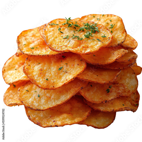 A delicious pile of crispy potato chips seasoned with herbs and spices presented as an isolated object on a transparent background isolated on transparent background