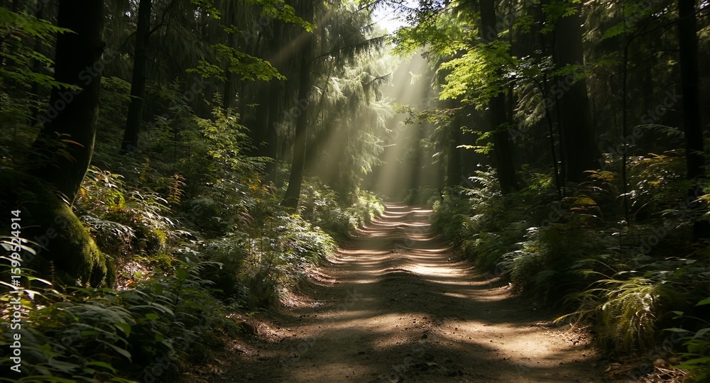 Obraz premium Sunbeams Illuminating a Forest Path