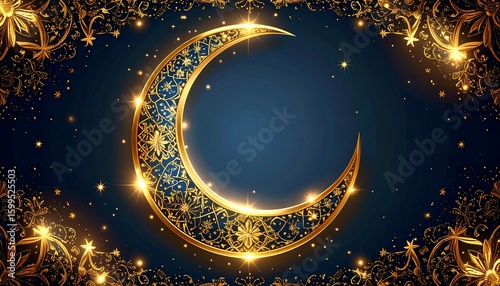 Ornate gold crescent moon on navy blue background