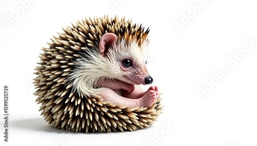 Tiny hedgehog curled in a ball, isolated on pure white background, closeup, pet, quill